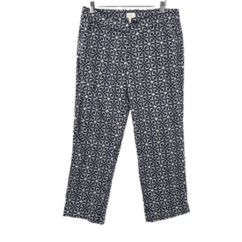 LAUNDRY SHELLI SEGAL Geometric Print Stretch Crop Pant Blue White 8 Dressy Khaki